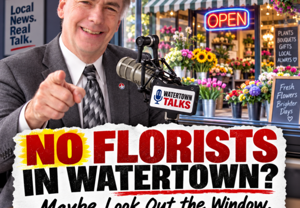 Editorial graphic showing Jeff Graham at a radio microphone with a brightly lit florist storefront behind him, including an OPEN sign and colorful flower displays, under the headline “No Florists in Watertown? Maybe Look Out the Window.”