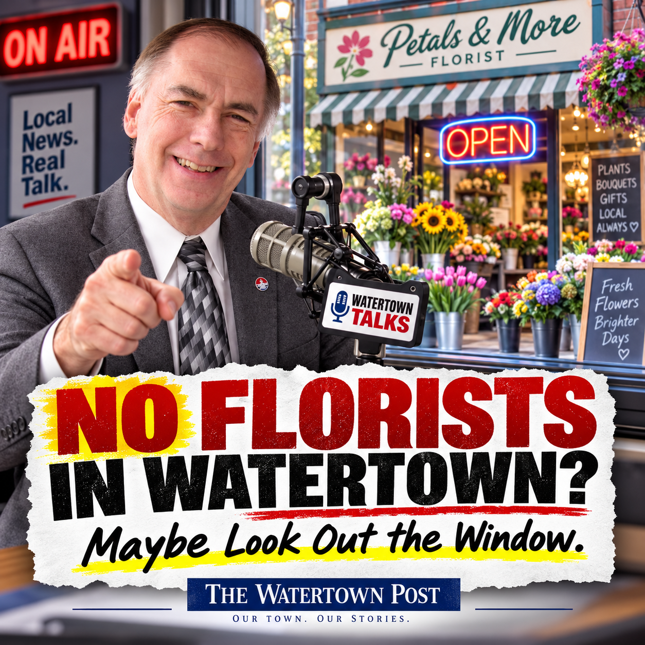 Editorial graphic showing Jeff Graham at a radio microphone with a brightly lit florist storefront behind him, including an OPEN sign and colorful flower displays, under the headline “No Florists in Watertown? Maybe Look Out the Window.”