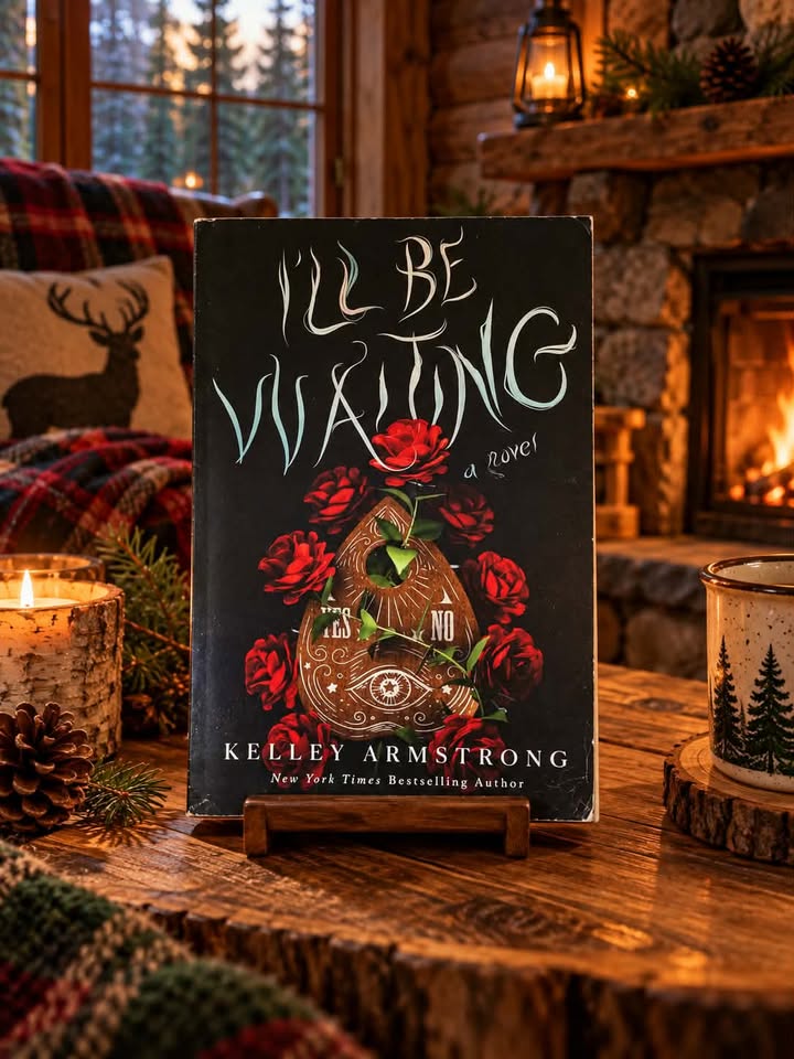 I’ll Be Waiting by Kelley Armstrong displayed beside a glowing fireplace, candles, and a mug.