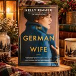 The German Wife by Kelly Rimmer displayed beside a glowing lantern, flowers, stacked books and a mug.