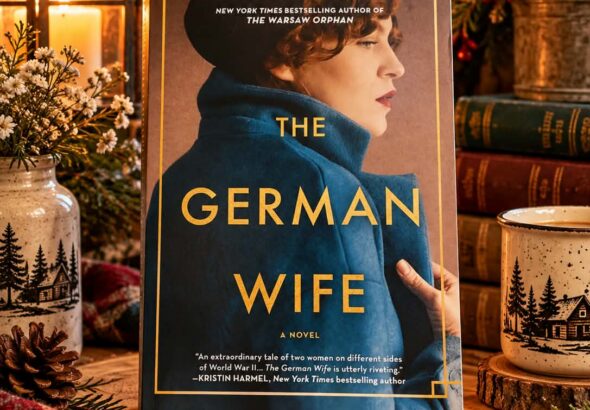 The German Wife by Kelly Rimmer displayed beside a glowing lantern, flowers, stacked books and a mug.