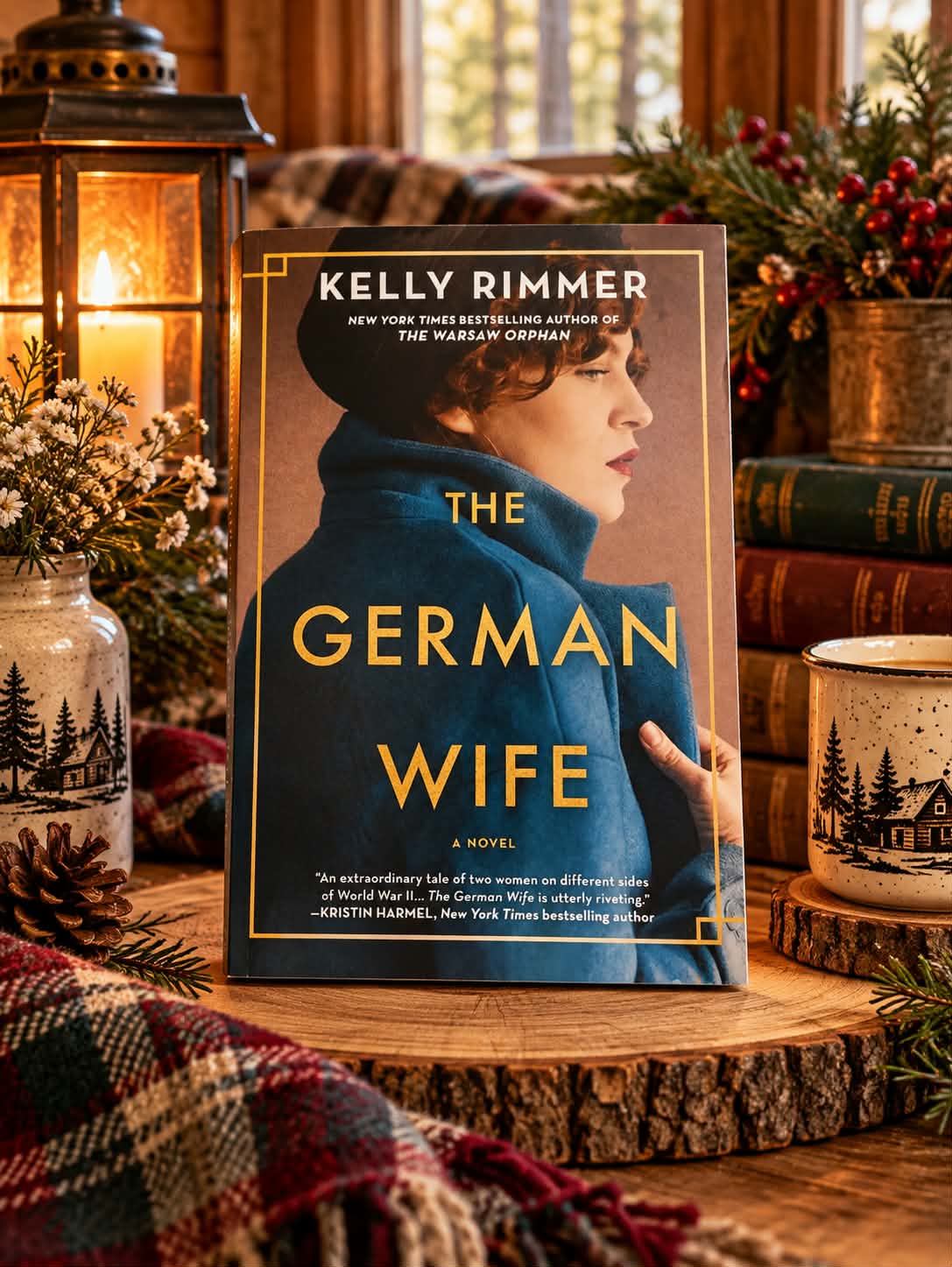 The German Wife by Kelly Rimmer displayed beside a glowing lantern, flowers, stacked books and a mug.