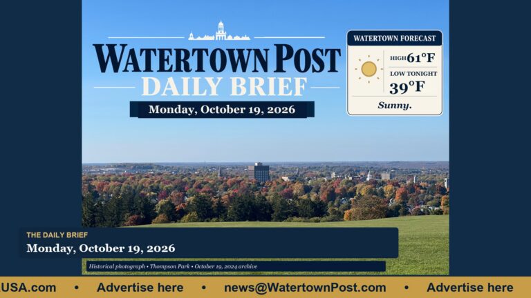 October 19 Daily Brief over an autumn Thompson Park view. Watertown forecast: sunny, high 61°F; tonight low 39°F. Historical photograph from October 19, 2024.