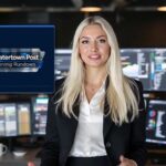 Samantha Reyes, Watertown Post’s AI presenter, beside the Evening Rundown logo for October 17, 2026.
