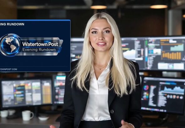 Samantha Reyes, Watertown Post’s AI presenter, beside the Evening Rundown logo for October 17, 2026.