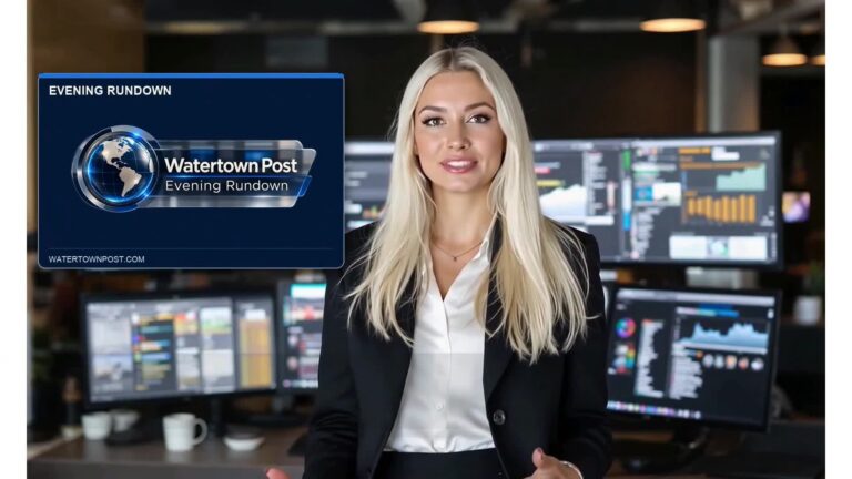 Samantha Reyes, Watertown Post’s AI presenter, beside the Evening Rundown logo for October 17, 2026.