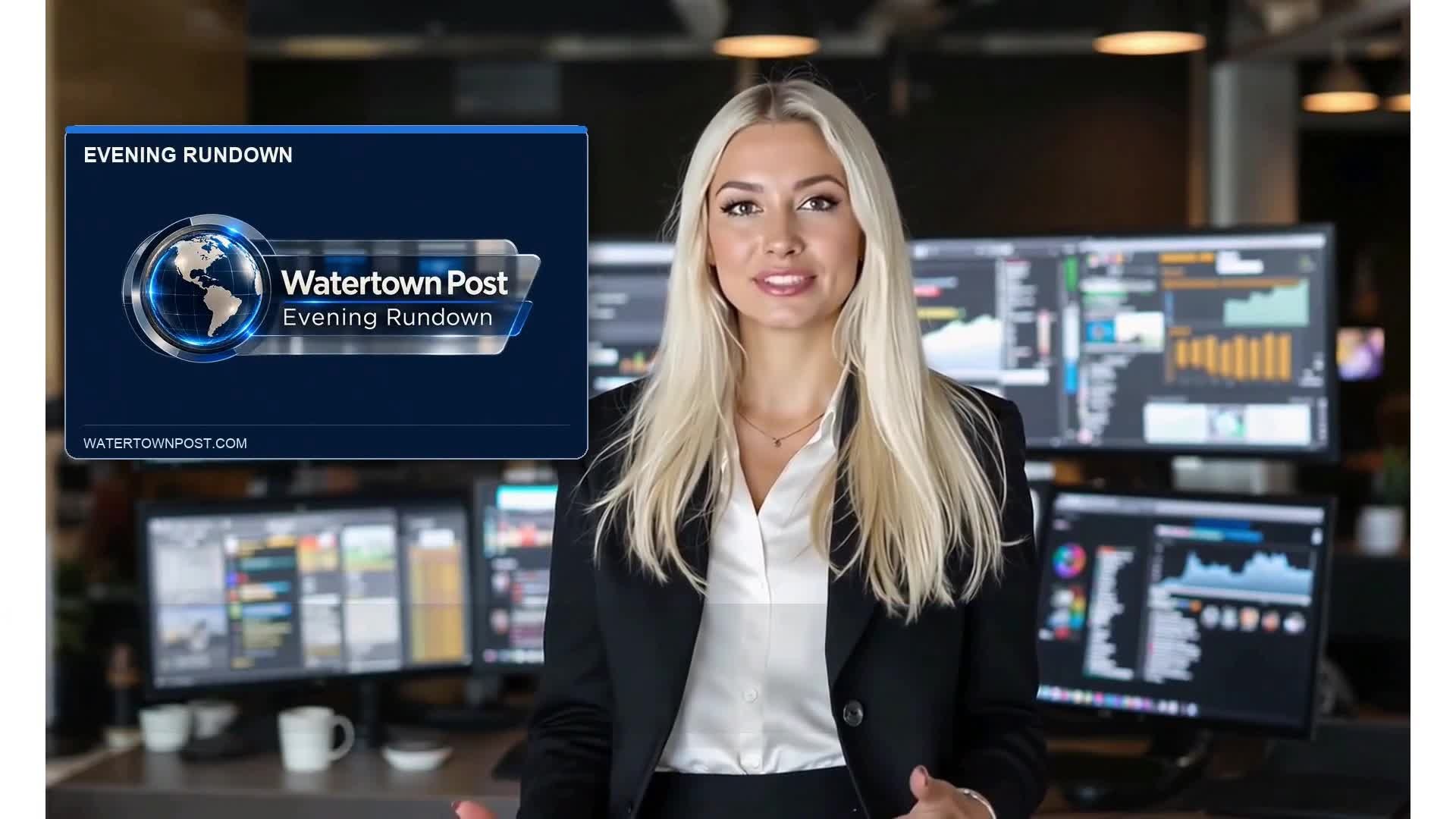 Samantha Reyes, Watertown Post’s AI presenter, beside the Evening Rundown logo for October 17, 2026.