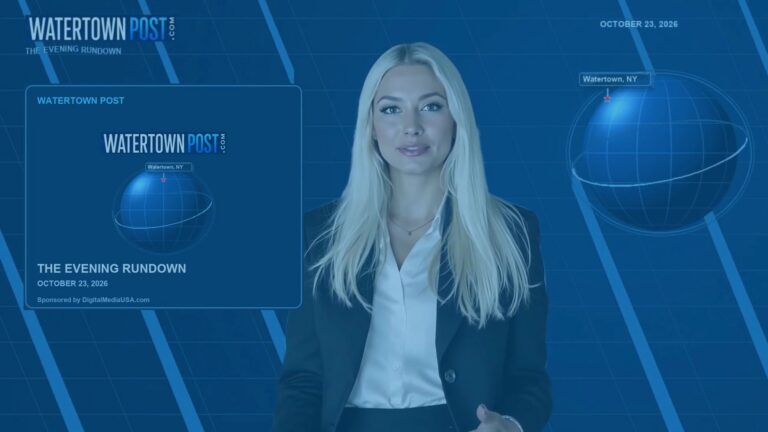 Samantha Reyes beside the October 23, 2026 Evening Rundown title and blue globe graphics.