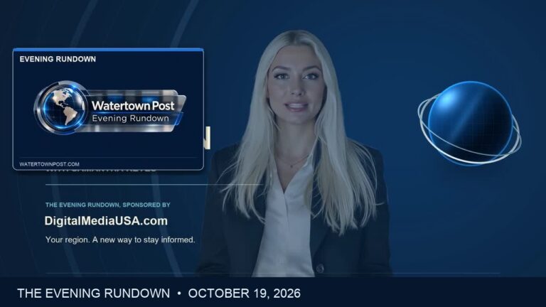 Samantha Reyes presenting The Evening Rundown for October 19, 2026, with Watertown Post globe branding.