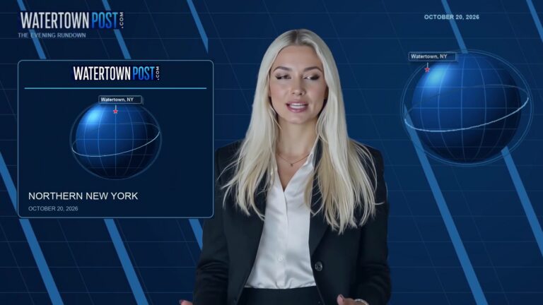The Evening Rundown with fictional AI presenter Samantha Reyes, October 20, 2026, with Watertown Post branding and rotating globe.