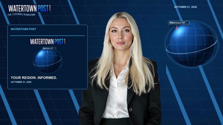 Samantha Reyes presents the October 21, 2026 Evening Rundown against the dated blue Watertown Post backdrop.