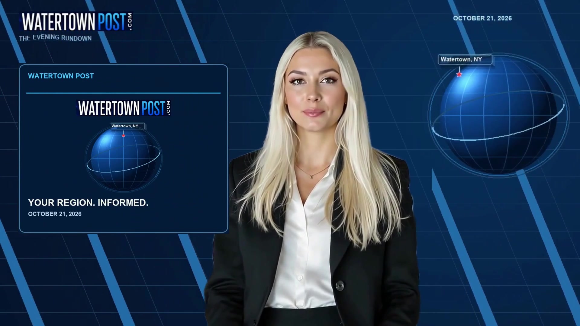 Samantha Reyes presents the October 21, 2026 Evening Rundown against the dated blue Watertown Post backdrop.