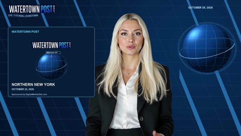 Samantha Reyes presents the October 25, 2026 Evening Rundown against the Watertown Post blue globe graphics.