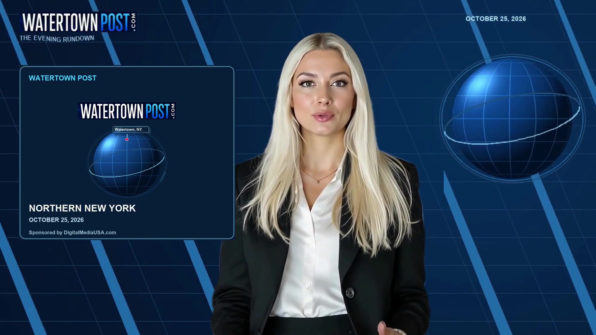 Samantha Reyes presents the October 25, 2026 Evening Rundown against the Watertown Post blue globe graphics.