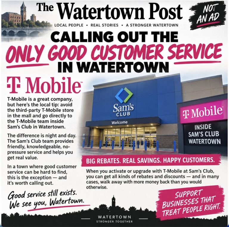 Watertown Post graphic praising T-Mobile customer service and savings at Sam’s Club in Watertown.