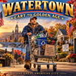 Illustrated cover for Watertown: Cart to Golden Age, showing a worker with a shopping cart amid autumn streets and American flags.