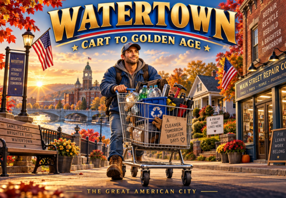 Illustrated cover for Watertown: Cart to Golden Age, showing a worker with a shopping cart amid autumn streets and American flags.