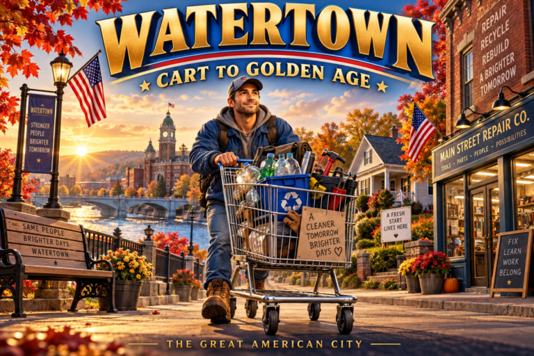 Illustrated cover for Watertown: Cart to Golden Age, showing a worker with a shopping cart amid autumn streets and American flags.