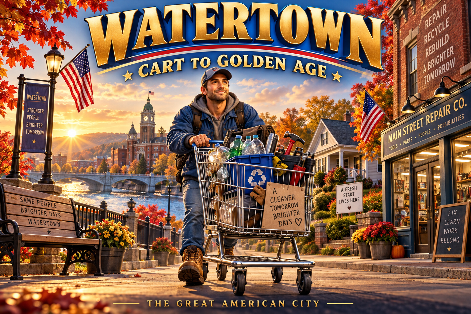 Illustrated cover for Watertown: Cart to Golden Age, showing a worker with a shopping cart amid autumn streets and American flags.