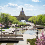 Alberta Legislature Building in Edmonton, with the fountain and grounds in front.