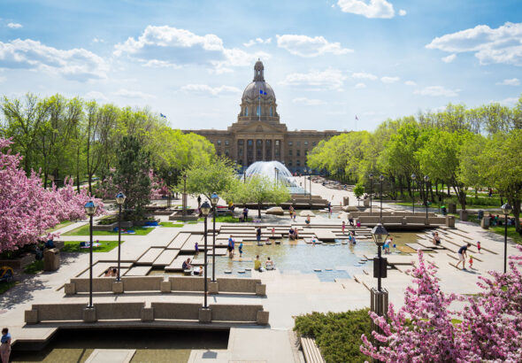 Alberta Legislature Building in Edmonton, with the fountain and grounds in front.