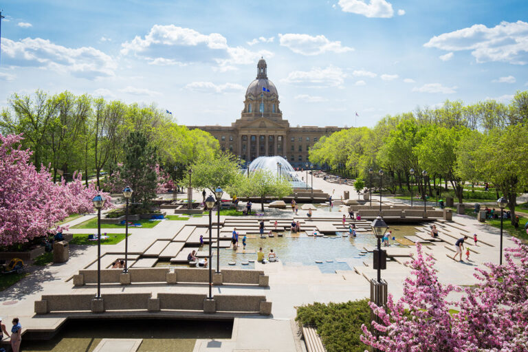 Alberta Legislature Building in Edmonton, with the fountain and grounds in front.