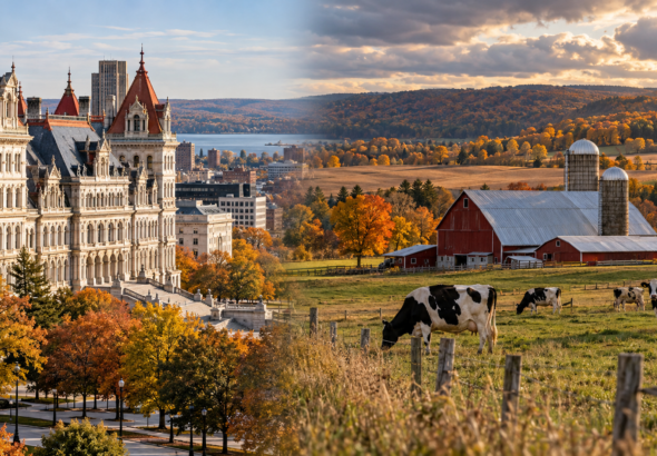 Editorial composite of the New York State Capitol beside a rural dairy farm with Holstein cows, a red barn and autumn foliage.