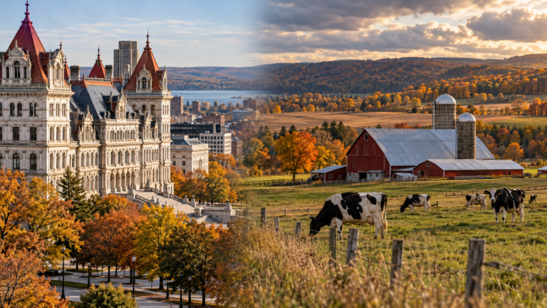 Editorial composite of the New York State Capitol beside a rural dairy farm with Holstein cows, a red barn and autumn foliage.