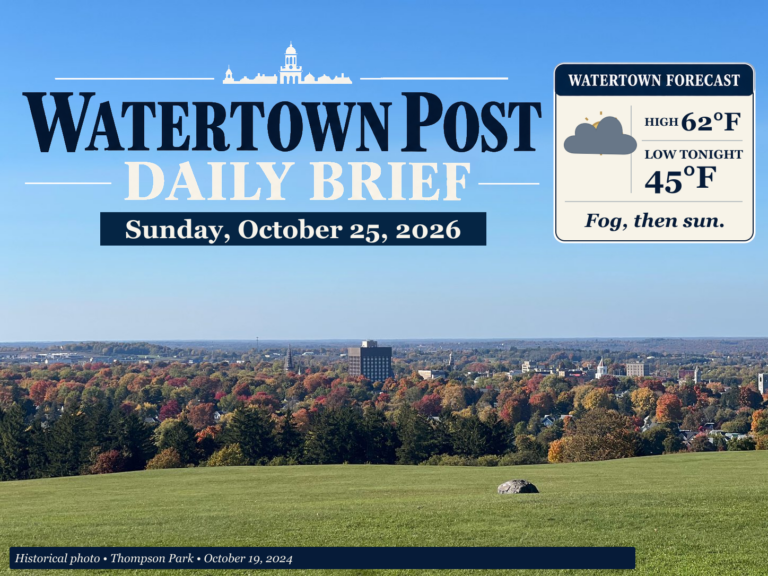 Watertown Post Daily Brief, October 25, 2026. Historical Thompson Park autumn photo; Watertown forecast: fog then sun, high 62°F, low tonight 45°F.