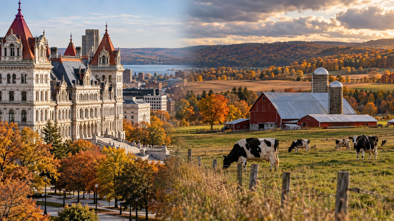Editorial composite of the New York State Capitol beside a rural dairy farm with Holstein cows, a red barn and autumn foliage.