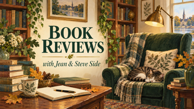 Illustrated reading nook with books, a notebook, lamp and sleeping cat, titled Book Reviews with Jean & Steve Side.