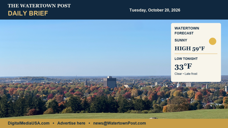 October 20, 2026 Daily Brief weather cover: sunny Watertown, high 59°F, low tonight 33°F, over Hans Wilder’s October 2024 Thompson Park autumn skyline photograph.