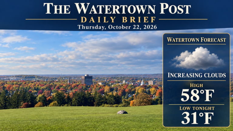 Watertown Post Daily Brief cover for October 22, 2026, showing Watertown weather: 58 degrees today and 31 tonight