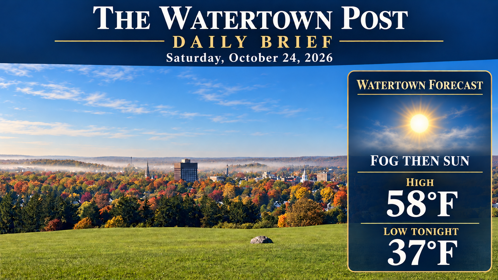 Illustrated Watertown autumn skyline under morning fog giving way to sun, October 24 forecast high 58°F and overnight low 37°F.