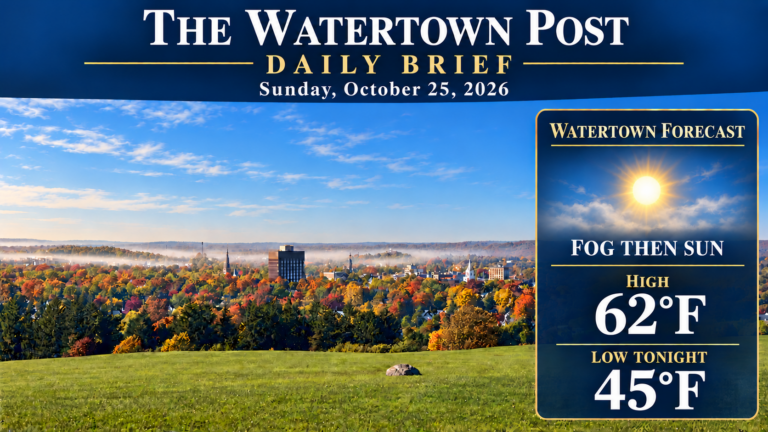 Illustrated Watertown autumn overlook for the October 25 Daily Brief, with fog giving way to sun, high 62°F and overnight low 45°F.