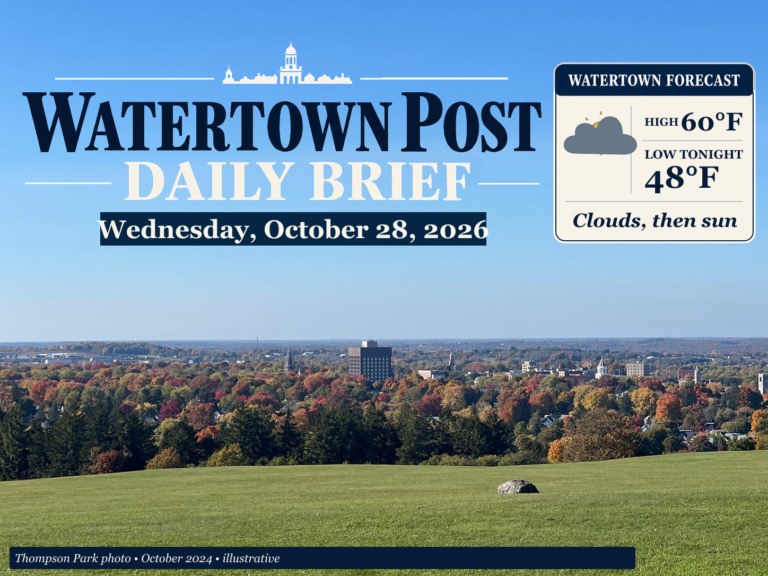 Watertown Post Daily Brief for October 28, 2026, over an illustrative Thompson Park autumn photograph, with a Watertown forecast high of 60°F and overnight low of 48°F.