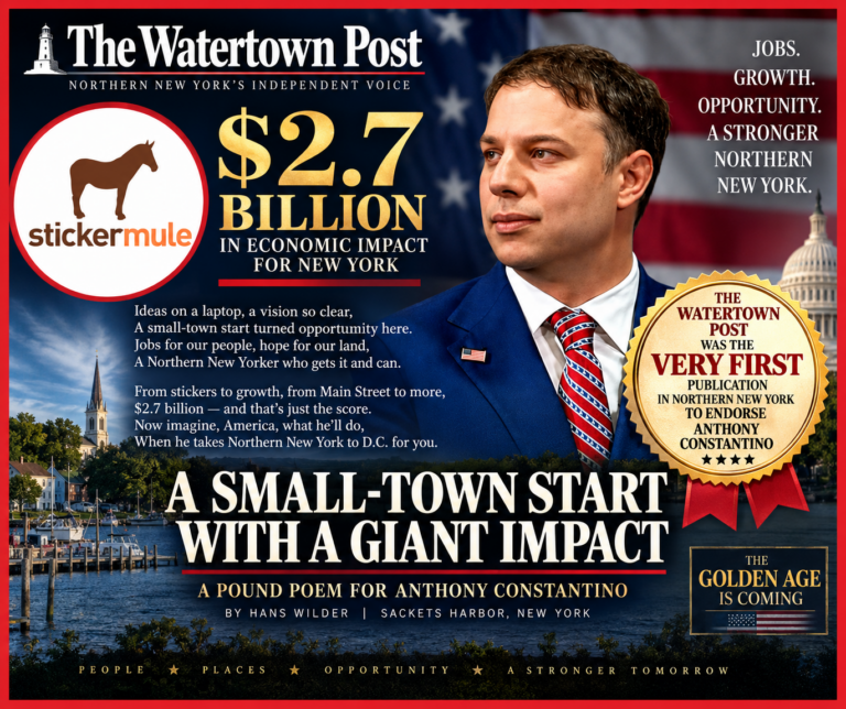 The Watertown Post cover featuring Anthony Constantino, the Sticker Mule logo, and the headline “$2.7 billion in economic impact for New York.”