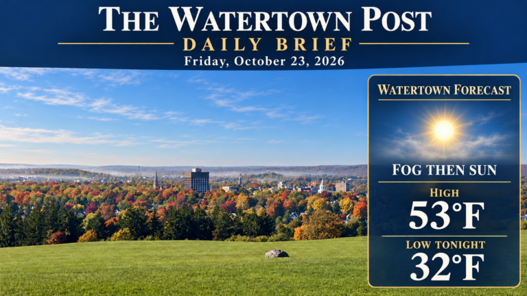 The Watertown Post Daily Brief, Friday October 23, 2026. Established Thompson Park autumn skyline photograph with sky and mist edited to illustrate today’s forecast: fog then sun, high 53°F, low tonight 32°F.
