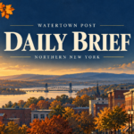 Watertown Post Daily Brief cover with an illustrated Northern New York town and river at autumn sunrise