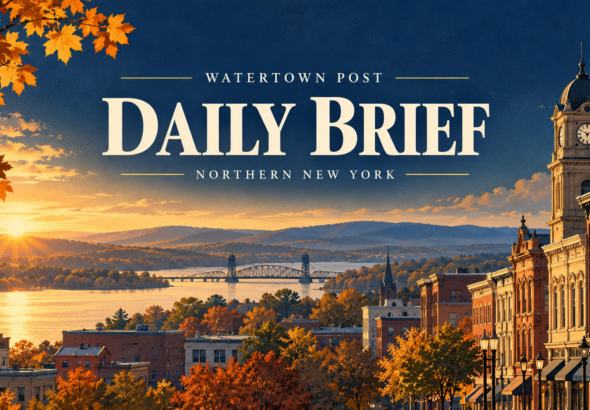 Watertown Post Daily Brief cover with an illustrated Northern New York town and river at autumn sunrise
