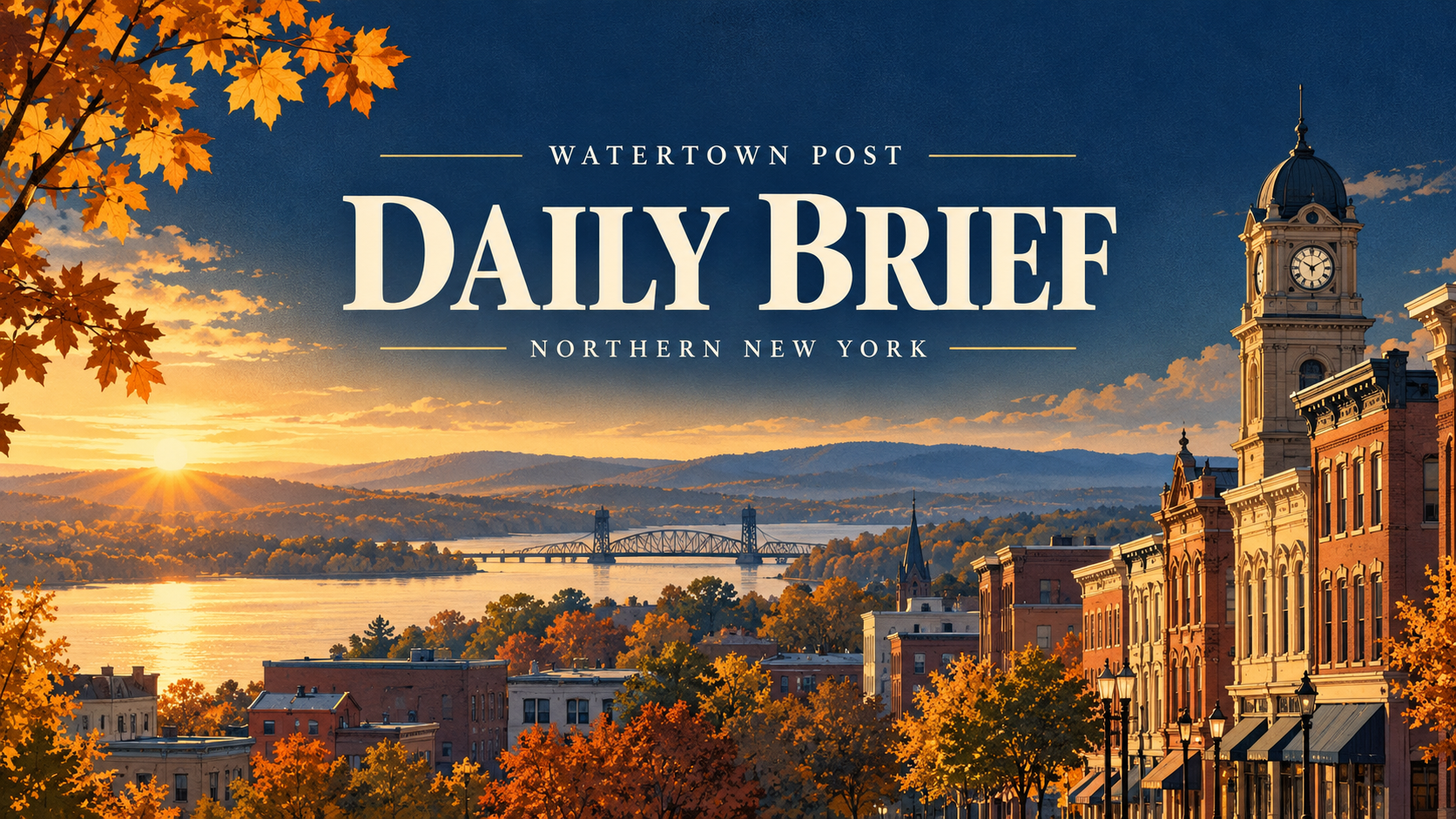 Watertown Post Daily Brief cover with an illustrated Northern New York town and river at autumn sunrise