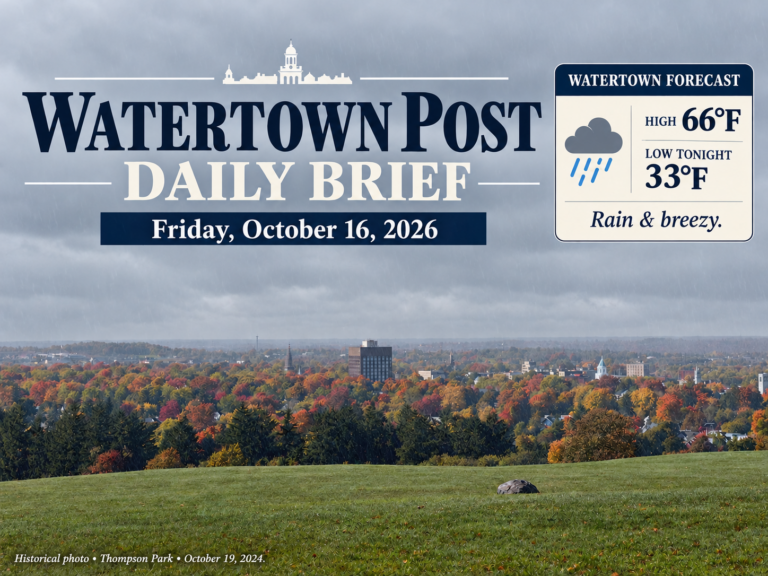 Watertown Post Daily Brief for Friday, October 16, 2026, with overcast skies and light rain over the autumn Watertown skyline from Thompson Park. Reference-based weather illustration; high 66°F, low tonight 33°F, rain and breezy.