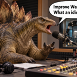 Satirical illustration of a stegosaurus at a radio studio microphone, with an invented speech bubble reading “Improve Watertown? What an idiotic idea!” No real person or recorded quotation is depicted.
