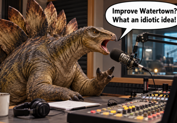 Satirical illustration of a stegosaurus at a radio studio microphone, with an invented speech bubble reading “Improve Watertown? What an idiotic idea!” No real person or recorded quotation is depicted.