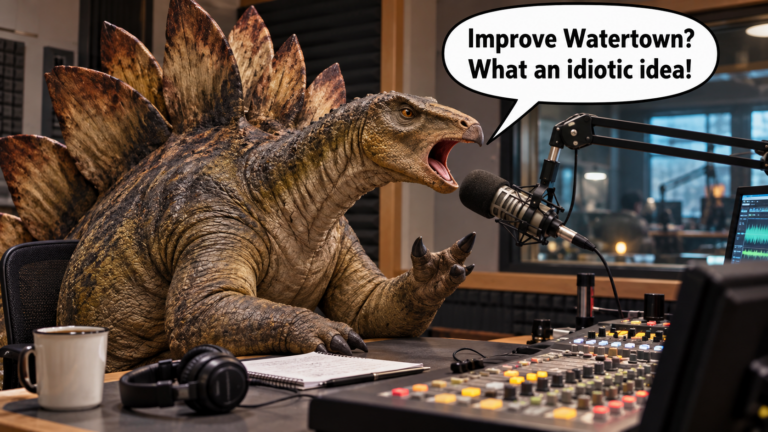 Satirical illustration of a stegosaurus at a radio studio microphone, with an invented speech bubble reading “Improve Watertown? What an idiotic idea!” No real person or recorded quotation is depicted.