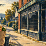 Editorial illustration of a closed neighborhood grocery storefront and a bag of fresh food beside a residential sidewalk.