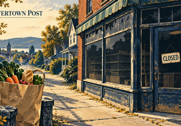 Editorial illustration of a closed neighborhood grocery storefront and a bag of fresh food beside a residential sidewalk.