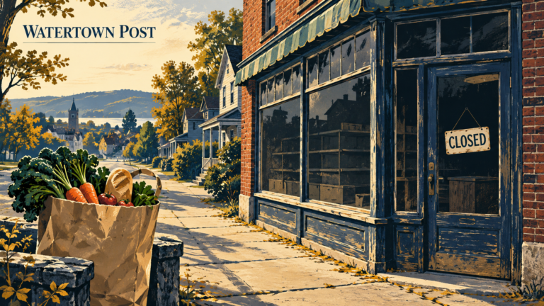 Editorial illustration of a closed neighborhood grocery storefront and a bag of fresh food beside a residential sidewalk.