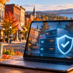 Laptop showing a server and protective shield beside an autumn North Country streetscape.
