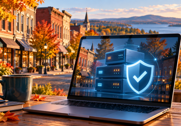 Laptop showing a server and protective shield beside an autumn North Country streetscape.